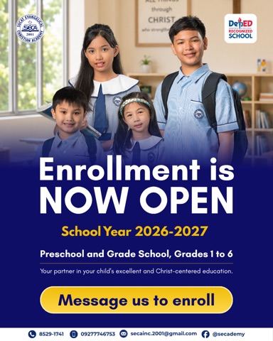 Enrollment poster: four uniformed students in a classroom, headline Enrollment is now open, school year 2026 to 2027