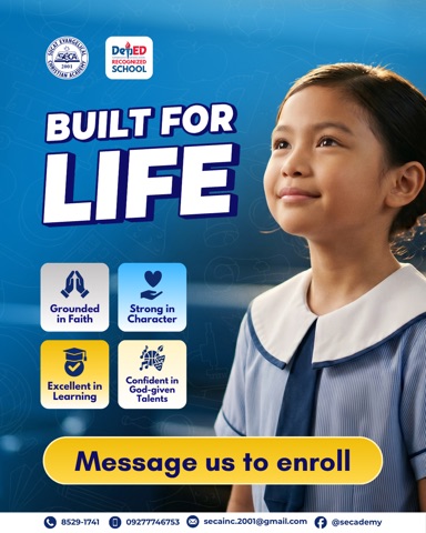 Built for Life post: smiling student beside four value cards for faith, character, learning and talents