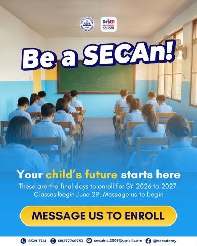 Be a SECAn post: students in light blue uniforms under bubble lettering over a chalkboard