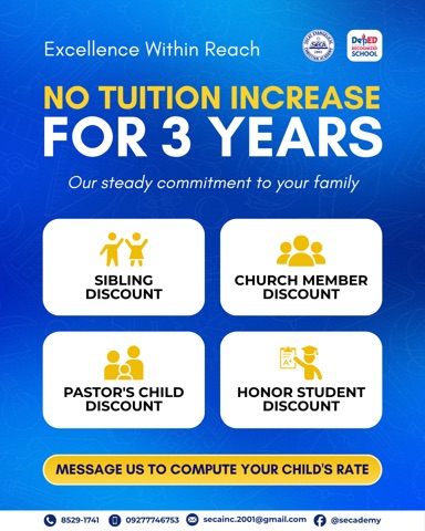 No tuition increase for three years post: two by two grid of discount cards with yellow icons on deep blue