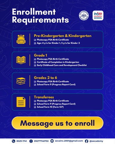 Enrollment requirements post: four navy cards listing checklists for Pre-K and Kinder, Grade 1, Grades 2 to 6, and transferees
